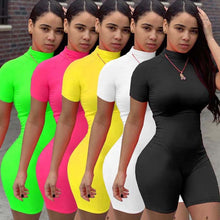 Load image into Gallery viewer, Fitness Women Streetwear Neon Bodysuit Women Mock Neck Short Sleeve Casual Playsuit High Elastic Sexy Tight Sports Overalls 2020