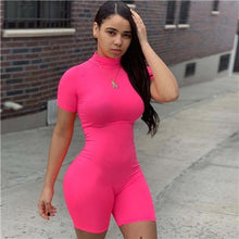Load image into Gallery viewer, Fitness Women Streetwear Neon Bodysuit Women Mock Neck Short Sleeve Casual Playsuit High Elastic Sexy Tight Sports Overalls 2020