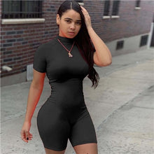 Load image into Gallery viewer, Fitness Women Streetwear Neon Bodysuit Women Mock Neck Short Sleeve Casual Playsuit High Elastic Sexy Tight Sports Overalls 2020
