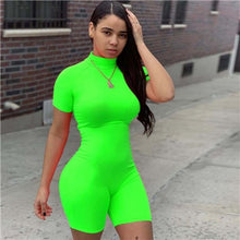 Load image into Gallery viewer, Fitness Women Streetwear Neon Bodysuit Women Mock Neck Short Sleeve Casual Playsuit High Elastic Sexy Tight Sports Overalls 2020