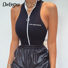 Load image into Gallery viewer, Darlingaga Streetwear Zipper Skinny Tank Bodysuit Women High Neck Body Suit Letter Print Bodycon Jumpsuit 2020 Summer Bodysuits