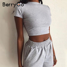 Load image into Gallery viewer, BerryGo Sexy turtleneck two-piece women shorts set Casual short sleeve womens tracksuit Tight female suits summer sport suit