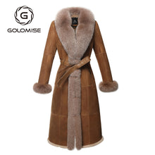 Load image into Gallery viewer, Golomise Women Genuine Shearling Sheepskin Leather Jacket Real Fox Fur Collar Fur Lining Trim