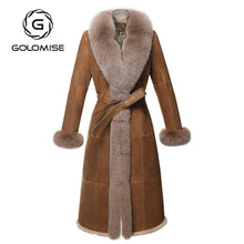 Load image into Gallery viewer, Golomise Women Genuine Shearling Sheepskin Leather Jacket Real Fox Fur Collar Fur Lining Trim