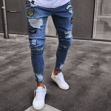 Load image into Gallery viewer, PADEGAO new Mens hiphop pencil jeans Hole Cowboy ripple design slim fit jeans high street Patch embroidered trousers moto jeans