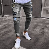 Load image into Gallery viewer, PADEGAO new Mens hiphop pencil jeans Hole Cowboy ripple design slim fit jeans high street Patch embroidered trousers moto jeans