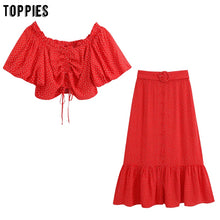 Load image into Gallery viewer, toppies fashion polka dot two piece set summer holidays set sexy cropped tops high waist ruffles midi skirts
