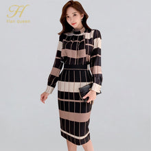 Load image into Gallery viewer, H Han Queen New 2 Pieces Set Women 2019 Winter Print Plaid Geometric Shirts Blouses And High Waist Sheath Pencil Bodycon Skirts
