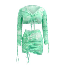 Load image into Gallery viewer, Simenual Tie Dye Print Drawstring Sexy Co-ord Sets Women Long Sleeve Ruched Sexy 2 Piece Outfits Club Bodycon Top And Skirt Set
