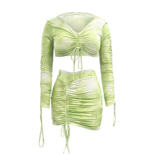 Load image into Gallery viewer, Simenual Tie Dye Print Drawstring Sexy Co-ord Sets Women Long Sleeve Ruched Sexy 2 Piece Outfits Club Bodycon Top And Skirt Set

