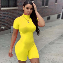Load image into Gallery viewer, Fitness Women Streetwear Neon Bodysuit Women Mock Neck Short Sleeve Casual Playsuit High Elastic Sexy Tight Sports Overalls 2020
