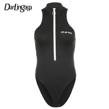 Load image into Gallery viewer, Darlingaga Streetwear Zipper Skinny Tank Bodysuit Women High Neck Body Suit Letter Print Bodycon Jumpsuit 2020 Summer Bodysuits
