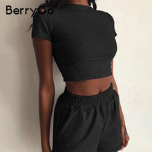 Load image into Gallery viewer, BerryGo Sexy turtleneck two-piece women shorts set Casual short sleeve womens tracksuit Tight female suits summer sport suit
