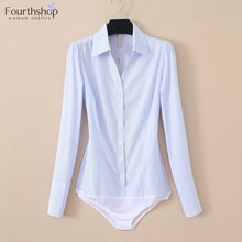 Load image into Gallery viewer, Office Lady Bodysuits Female White Body Shirt Long Sleeve Elegant Stripe Blouse Women Turn Down Collar Tops Clothes 2020 Fashion
