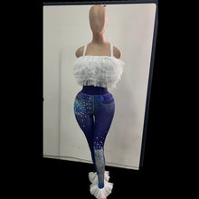 Load image into Gallery viewer, Sexy Stretch Spaghetti Strap Mesh Jumpsuit Women Nightclub Party Skinny Pearl Jeans Print Rompers Showgirl Dancer Stage Costumes
