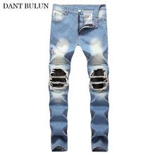 Load image into Gallery viewer, Men Stretch Skinny Jeans Male Designer Elastic Pants Ripped Hole With Pleaed Patch Trousers High Street Denim Jeans Men Hip Hop
