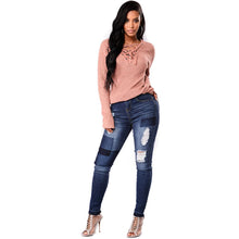 Load image into Gallery viewer, 2020 fashion Blue Individual Patched Ripped Jeans Skinny jeans for women denim pants good design trousers
